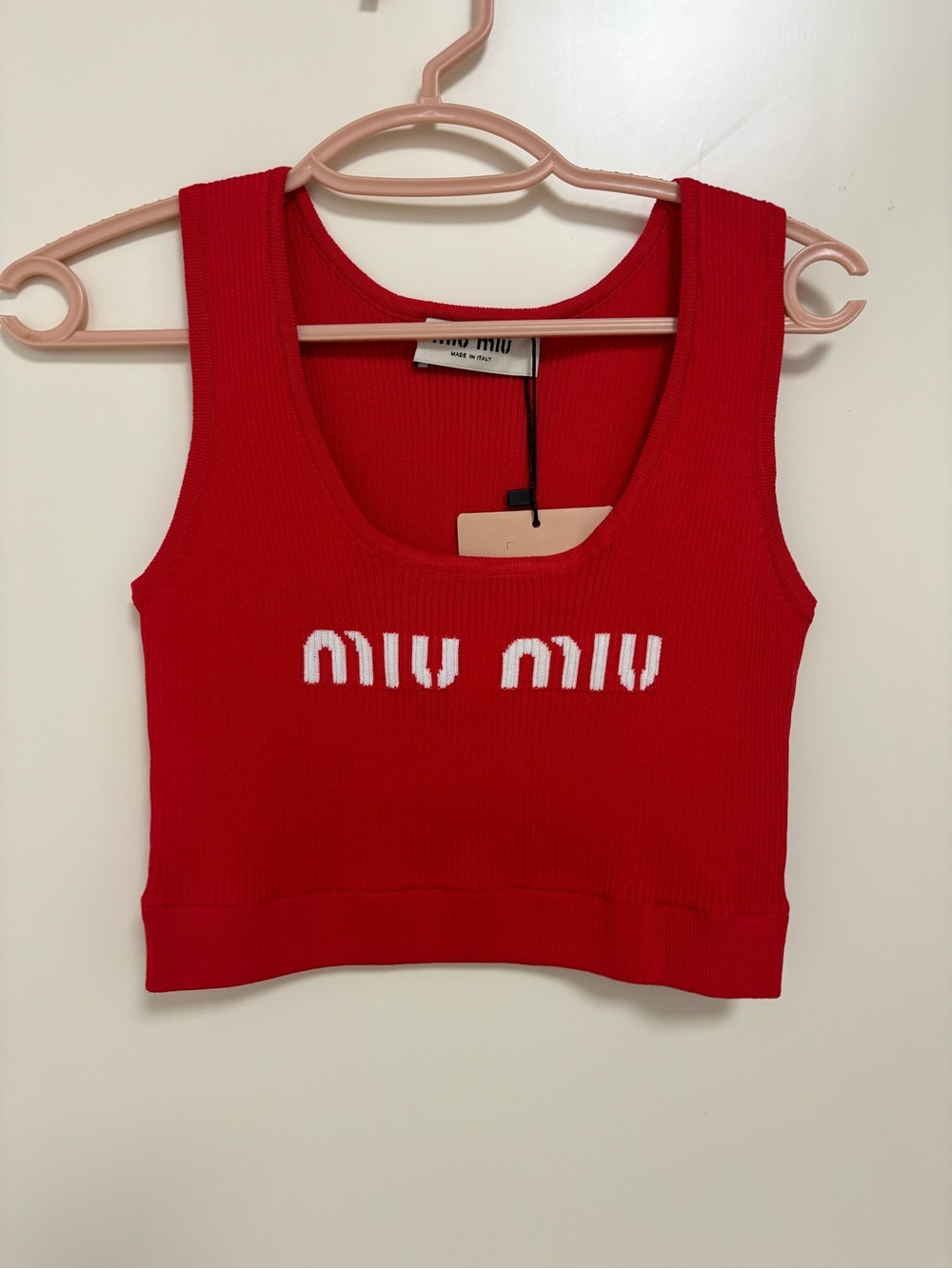 Miu Miu Red Ribbed Logo Cropped Tank